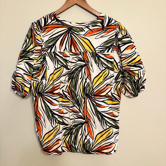 Zac & Rachel Linen Blend Tropical Print Button Front Blouse Large Boxy Casual - Picture 6 of 10